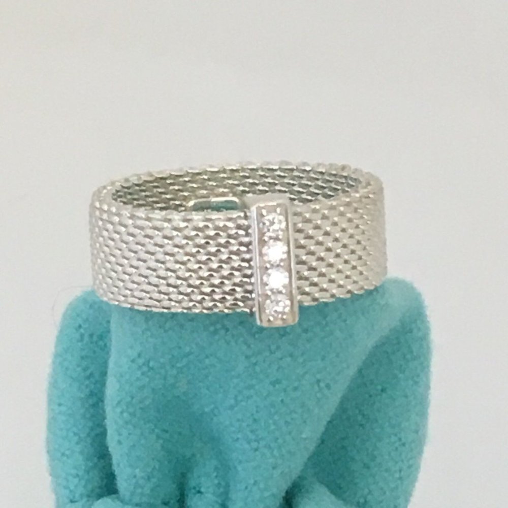 Size 8 Tiffany & Co Sterling Silver Somerset Mesh Weave 4 Diamond Band Ring
